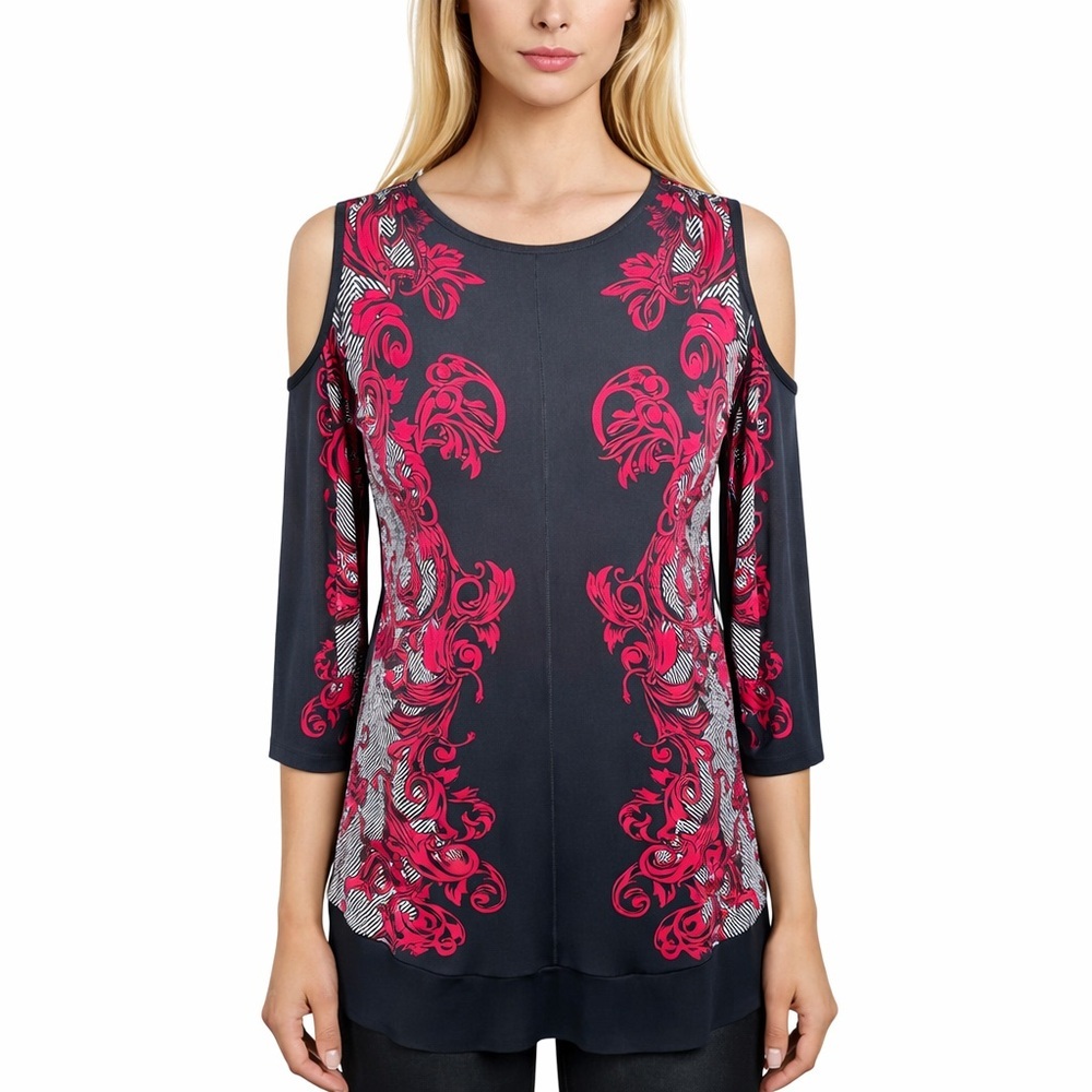 Eva Varro Tunic Top Black Red Scroll Print Cold Shoulder Jersey Knit Chic Size S